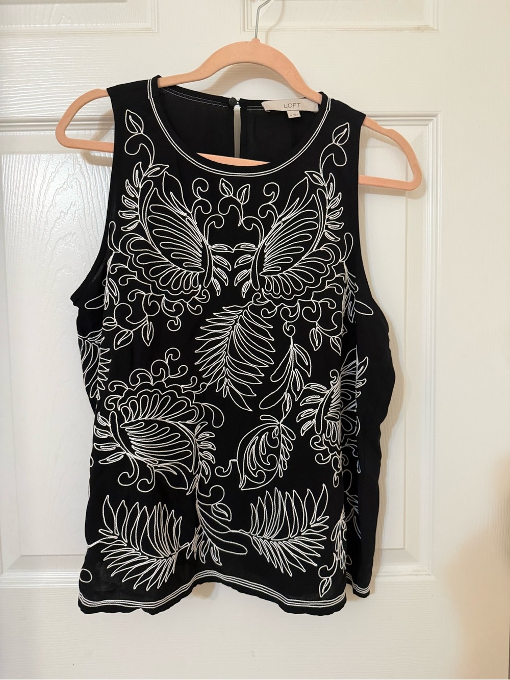LOFT Black Tank Top with White Embroidered Floral Design
